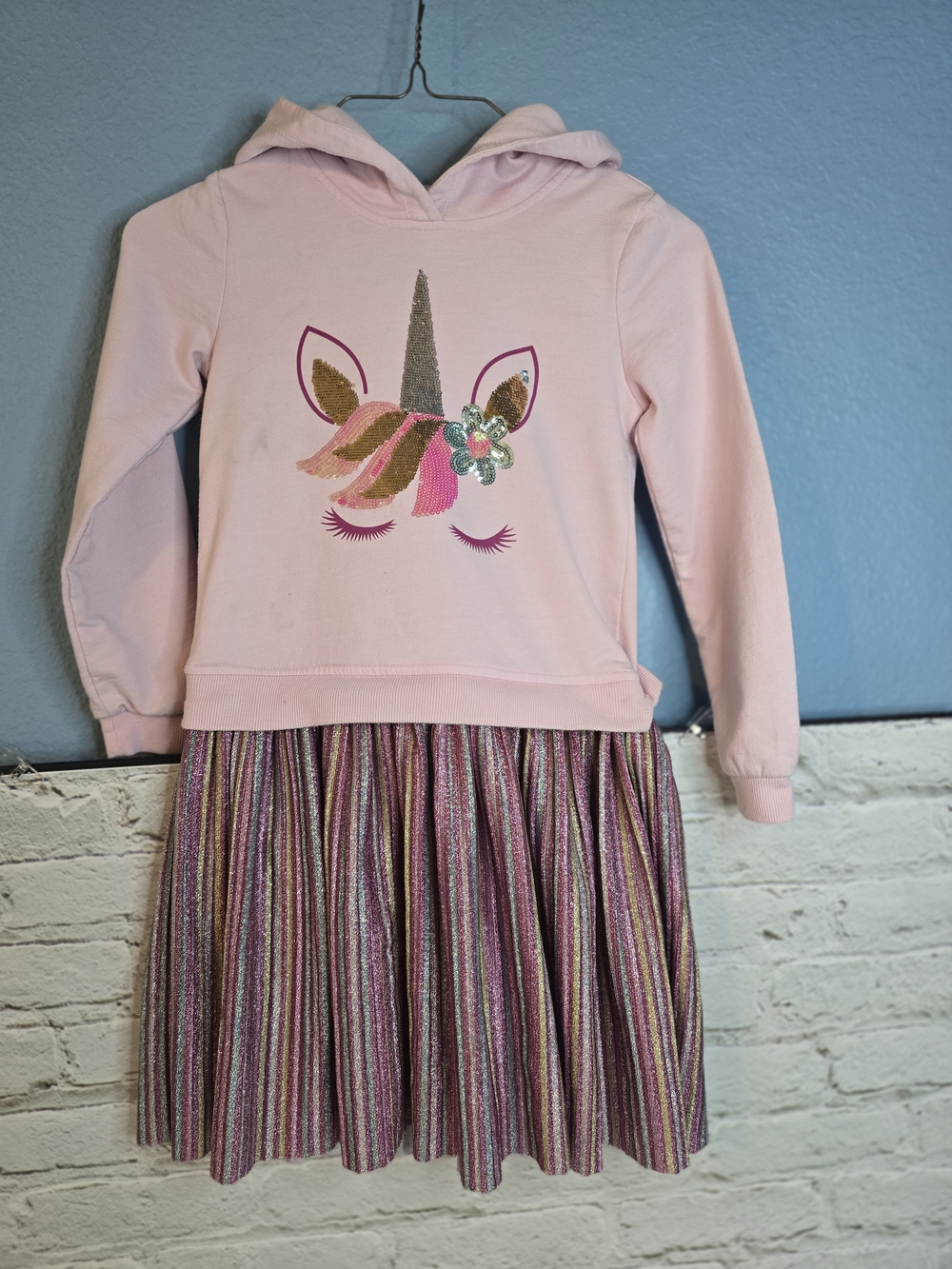 Kate Mack Pink Sequin Unicorn Hoodie Dress with Glittery Striped Skirt Sz 7